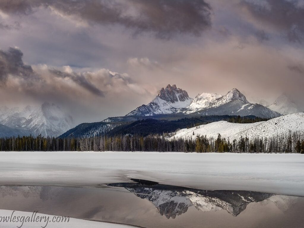 Morning winter sunrise over Little Redfish Lake Idaho